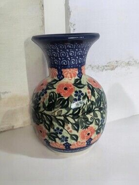 A. Damian 249 Hand Painted Ceramic Floral Vase Poland UNIKAT-2213 6" Signed